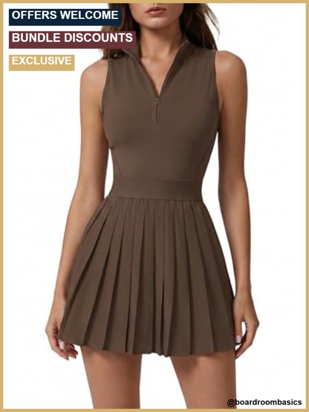Women's Zip Front Tennis Dress High Neck Pleated Sleeveless 2 Piece Golf